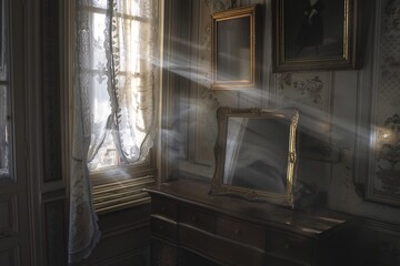 Poster - A mirror in a room that shows a ghostly figure, adding a mysterious and eerie touch