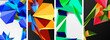 A creative art piece featuring a collage of colorful triangles, including electric blue, on a black and white background. The triangles form a symmetrical pattern alongside rectangles and circles