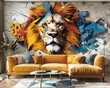 Dynamic 3D wallpaper featuring a lion breaking through a graffiti covered wall, ideal for bold interior designs