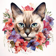 A siamese or wichienmaat cat head and beautiful tropical flowers on white background. Mammals. Pet. Animals. Illustration, Generative AI.