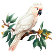 Image of cockatoo on a branch on a white background. Birds. Animals. Illustration, Generative AI.