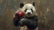 Hyper-realistic oil painting, frontal close-up, big fat panda swings his boxing glove forward vigorously, preparing to deliver a violent blow, with Muay Thai pants, accompanied by an urgent kinetic en