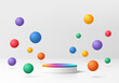 3D pride month product podium background with with colorful bounce balls. Abstract composition in minimal design. 3D studio showroom product pedestal, Fashion showcase mockup scene. Banner cosmetic.