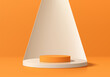 3D round product podium orange background with white curve backdrop. Abstract composition in minimal design. 3D studio showroom product pedestal, Fashion showcase mockup scene. Vector banner cosmetic.