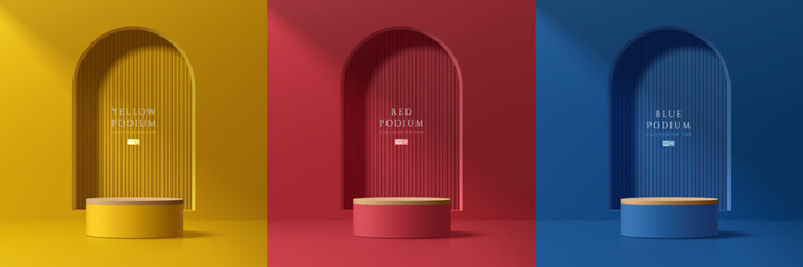Wall Mural - set of 3d product podium background in blue, red, yellow with top wood and arch window behind. abstr