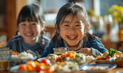 Two Asian elementary school students joyfully sharing a meal together, their faces beaming with happiness and laughter, Generative AI