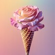 A photo of a rose-shaped ice cream cone with pink petals and a brown sugar cone on a pastel rainbow background.
