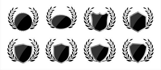 Wall Mural - Vector shield and laurel wreath template set for logo design with shiny effect in black color. Leaf circle with glossy shield elements for classic logo. Vector illustration.
