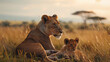 The maternal instinct of an African lioness shines through as she guides her adorable cub through the vast and untamed landscapes of Maasai Mara, a testament to nature's wonders