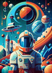 Wall Mural - Space, science fiction, the future. Illustrations, bright colors, digital, an astronaut on another planet in a spacesuit. Science and the future of people. Against the background of space and planets
