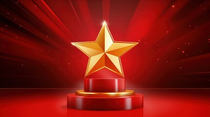 3d illustration of a golden star on a red background with light rays, a podium for an award ceremony or presentation