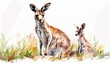 A watercolor painting of a kangaroo and a joey. The kangaroo is standing on the left side of the joey. The joey is sitting on the right side of the kangaroo.