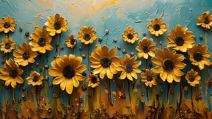 Wall Mural - visualize a sunflower field in full bloom using vibrant yellow and deep brown drips that merge organ