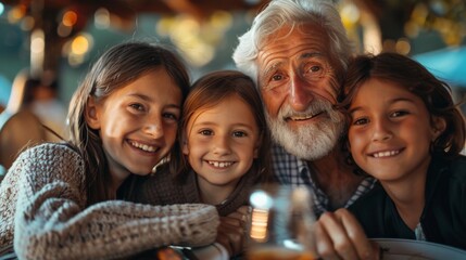 Wall Mural - A family of four, including a grandfather, are sitting at a table