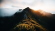 a mountain with fog and sun rays