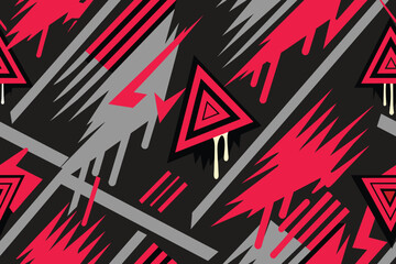 Wall Mural - Abstract seamless grunge pattern. Urban art texture with neon lines, triangles, chaotic brush strokes, ink elements. Colorful graffiti vector background