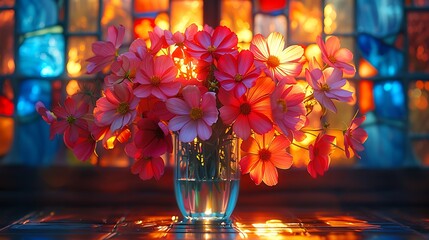 Wall Mural - visualize a bouquet of assorted flowers in a stained glass vase, with each species given its own uni