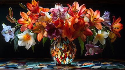 Wall Mural - visualize a bouquet of assorted flowers in a stained glass vase, with each species given its own uni