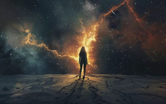 Unique Abstract Young Woman Standing in the Middle of a Very Beautiful Galactic Crack