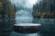 A large circular stone table is placed in the center of an endless lake, surrounded by dense forests shrouded in mist. Created with Ai