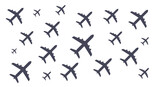 Fototapeta  - Planes pattern, aircraft are depicted flying in formation against a blank canvas, showcasing a unique pattern of airplane icons isolated on white