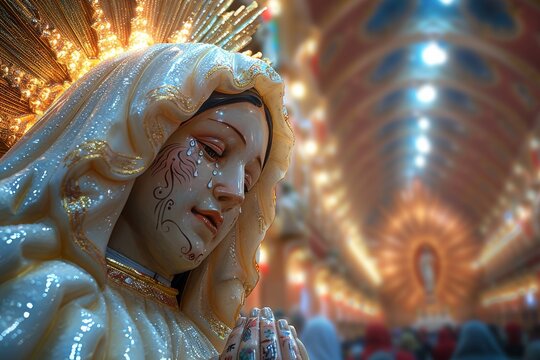 detailed statue of a saint with glowing background