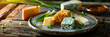 Different types of cheese including mix set dor blue cheddar camembert and brie, Various types of cheese on a white wooden background. 