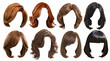 pack of different color short woman hair wig png on transparent background