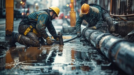 Two men in yellow hard hats are working on a pipe in the rain