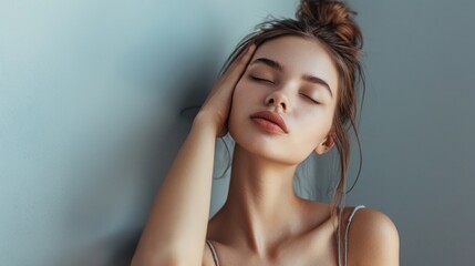 Wall Mural - A woman with long brown hair and a ponytail is resting her head on her hand