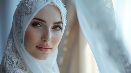 Wall Mural - Woman Muslim bride model with white veil and beautiful makeup background wallpaper AI generated image