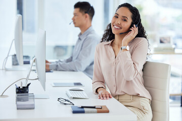 Aufkleber - Call center, desk and portrait of consultant woman in telemarketing office for online assistance or help. Computer, contact us and microphone with agent or operator in workplace for customer support