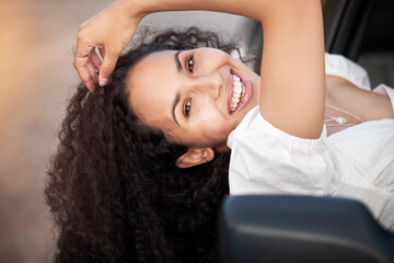 Poster - Portrait, freedom and happy woman by car window for travel, vacation and relax on summer adventure outdoor. Face, excited girl and transportation for road trip, journey or tourist on drive in Dubai