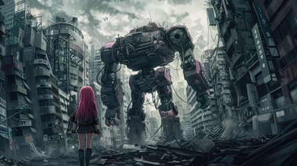 Anime style girl is looking at a city destroyed by a future robot war Background wallpaper AI generated image