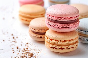 Macarons cakes on white background Colorful delicious french macarones wide banner