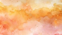Abstract Watercolor Art Painting Background Deep Orange Peach Apricot With Gold And Silver Metallic Accents