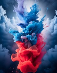 Wall Mural - A vibrant storm where various colors of paint are swirling in the air against a dark, stormy sky background