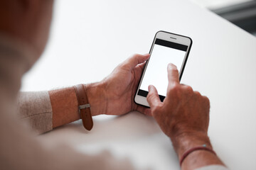 Poster - Mock up, smartphone and screen with hands in office, tech and communication device for work. Business person, advertising and website for branding or company logo, internet research or networking