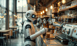 white humanoid robot making coffee in a cafe, robot barista
