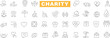 Charity volunteer donation line icons banner. Includes healthcare, support, protection, disability, love, care symbols. Perfect for NGO, welfare, helping hand concepts