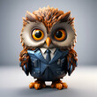 Cute owl in a suit and tie. 3d illustration.