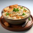 Mashed potatoes with grated cheese and herbs in a bowl.