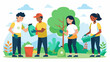 A group of volunteers working together to clean up a neighborhood park wearing tshirts with the slogan We are all activists.. Vector illustration