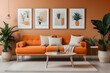 © Nyetock - Creative composition of stylish living room interior with mock up poster frames, orange sofa, beige commode, coffee table and stylish personal accessories.Plants lover space. Template.