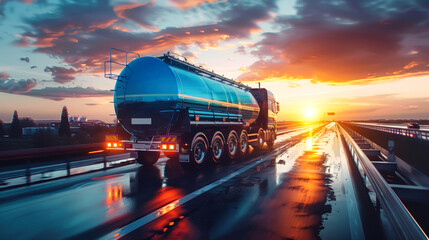 Wall Mural - A tanker truck laden with fuel barrels cruises down the freeway during a picturesque sunset, casting a long shadow on the road