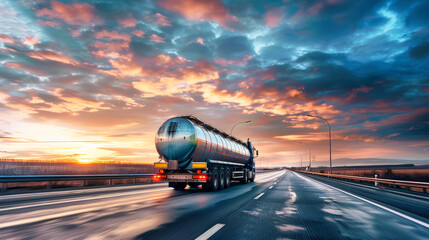 Wall Mural - A tanker truck drives down a highway at sunset, transporting petroleum products under a golden sky