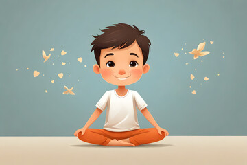 Cartoonist image of a young boy or a kid in a yoga pose, sitting on the floor against a minimalist backdrop. Ideal for yoga children or yoga contents.