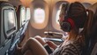 A girl on an airplane with headphones and a phone panorama High quality photo