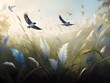 The background is marvelously mysterious and deep, adorned with beautifully intricate patterns and delicately swaying grass. There are feathers of birds scattered about, adding to the enchantment. Gen