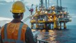 An oil rig worker wearing a hard hat and safety vest inspects an offshore oil rig.